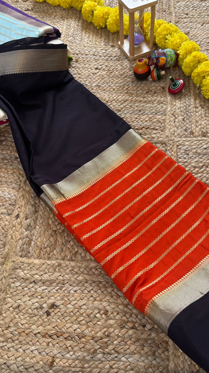 Black and Orange - Premium Semi Mysore Crepe Silk Centre Stripes Saree