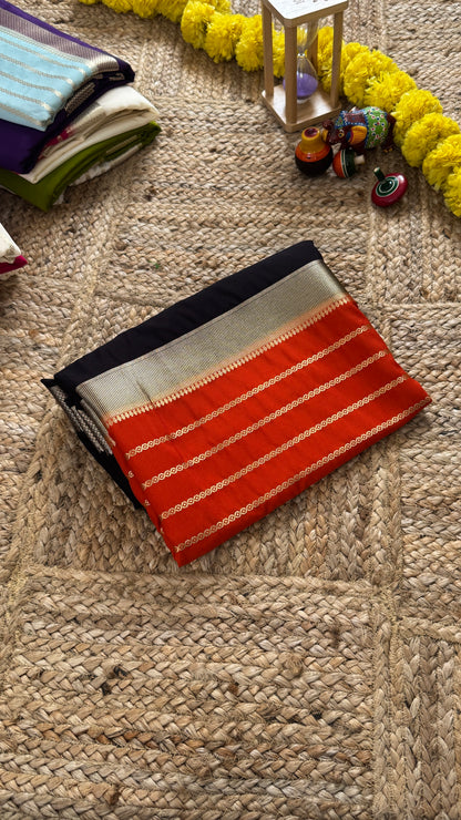 Black and Orange - Premium Semi Mysore Crepe Silk Centre Stripes Saree