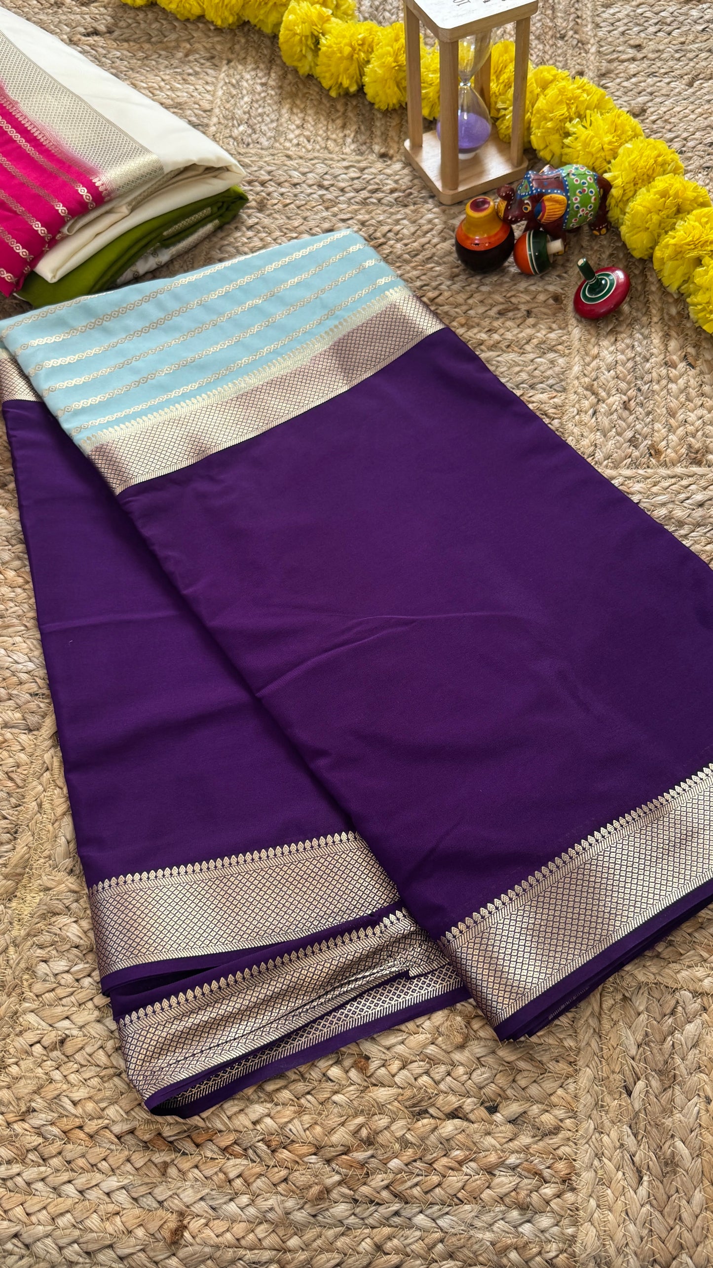 Purple and Sky Blue - Premium Semi Mysore Crepe Silk Centre Stripes Saree