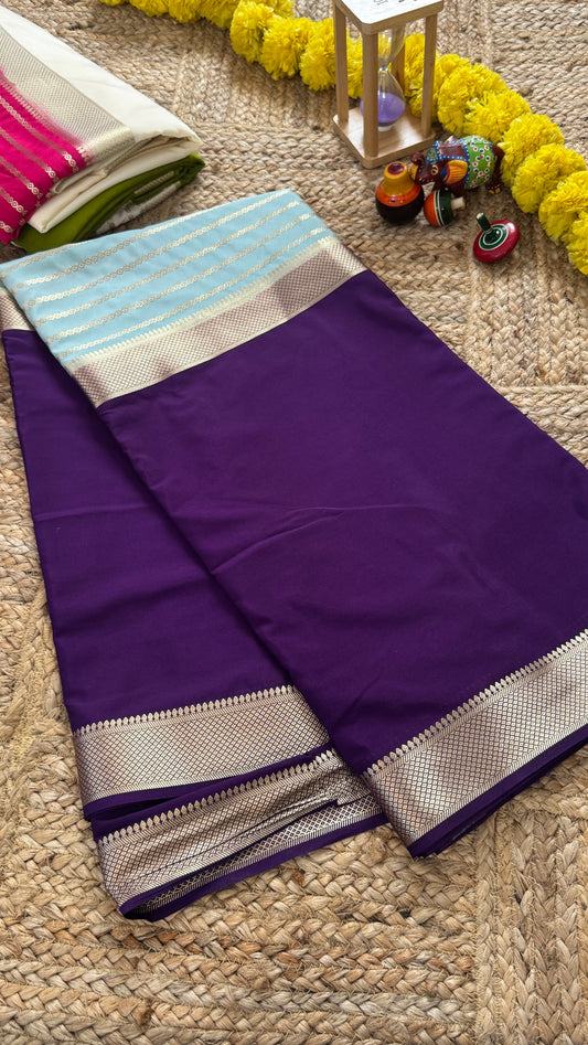 Purple and Sky Blue - Premium Semi Mysore Crepe Silk Centre Stripes Saree