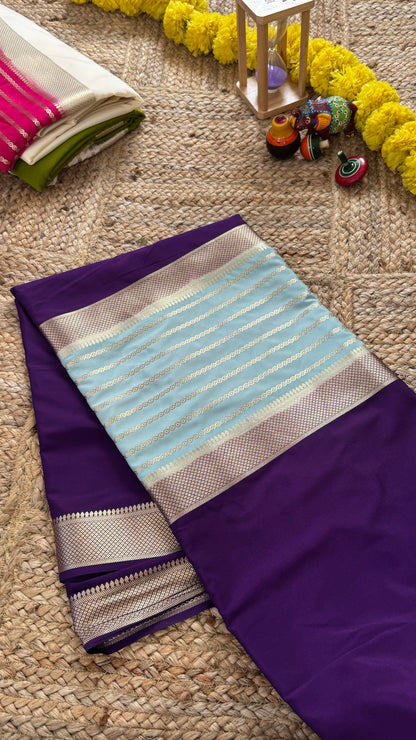 Purple and Sky Blue - Premium Semi Mysore Crepe Silk Centre Stripes Saree