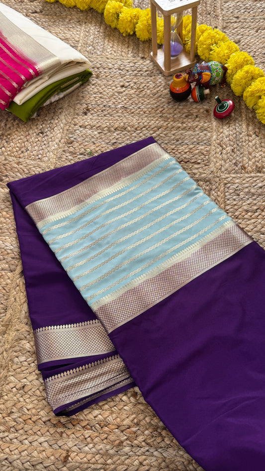 Purple and Sky Blue - Premium Semi Mysore Crepe Silk Centre Stripes Saree