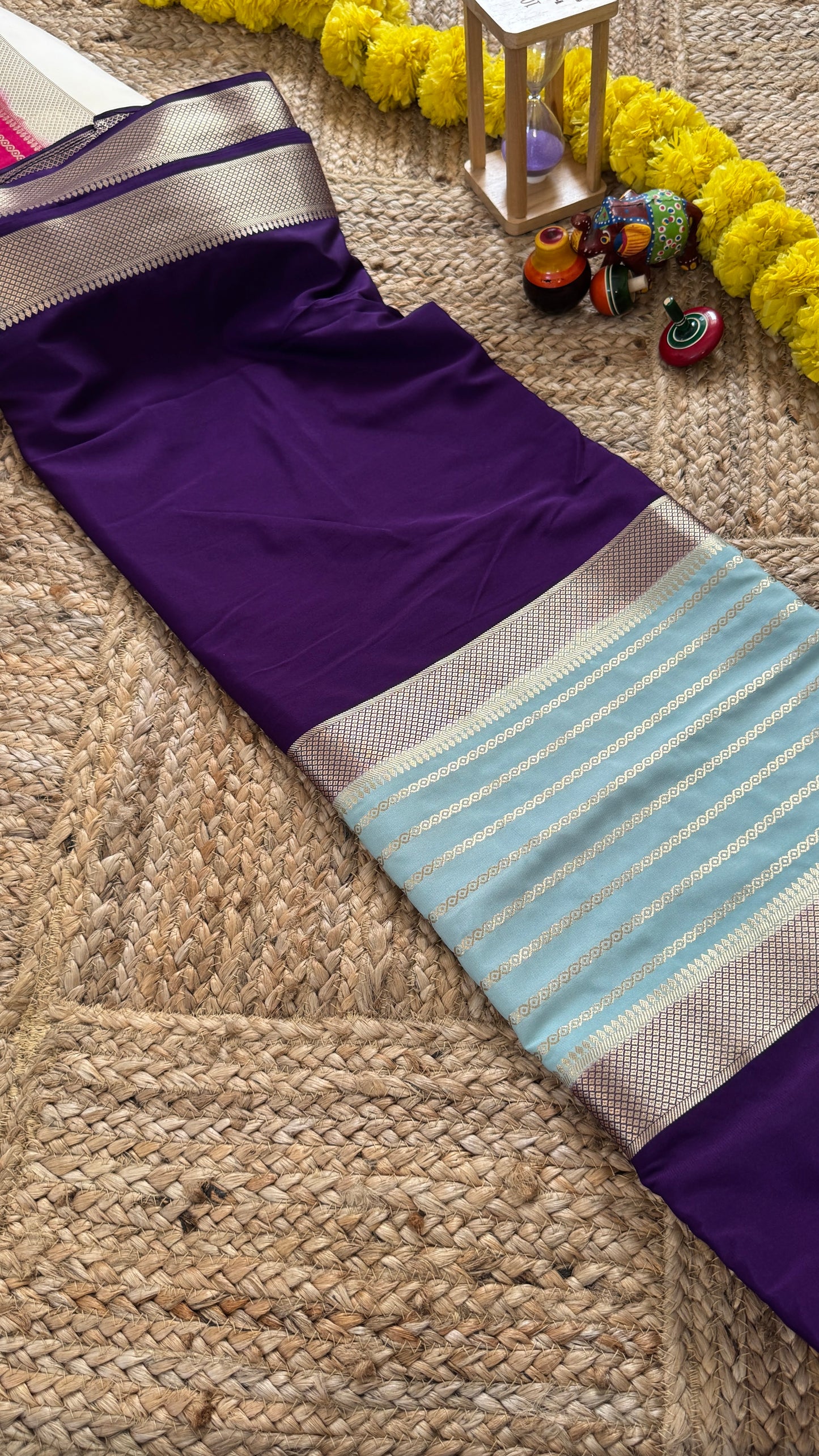 Purple and Sky Blue - Premium Semi Mysore Crepe Silk Centre Stripes Saree