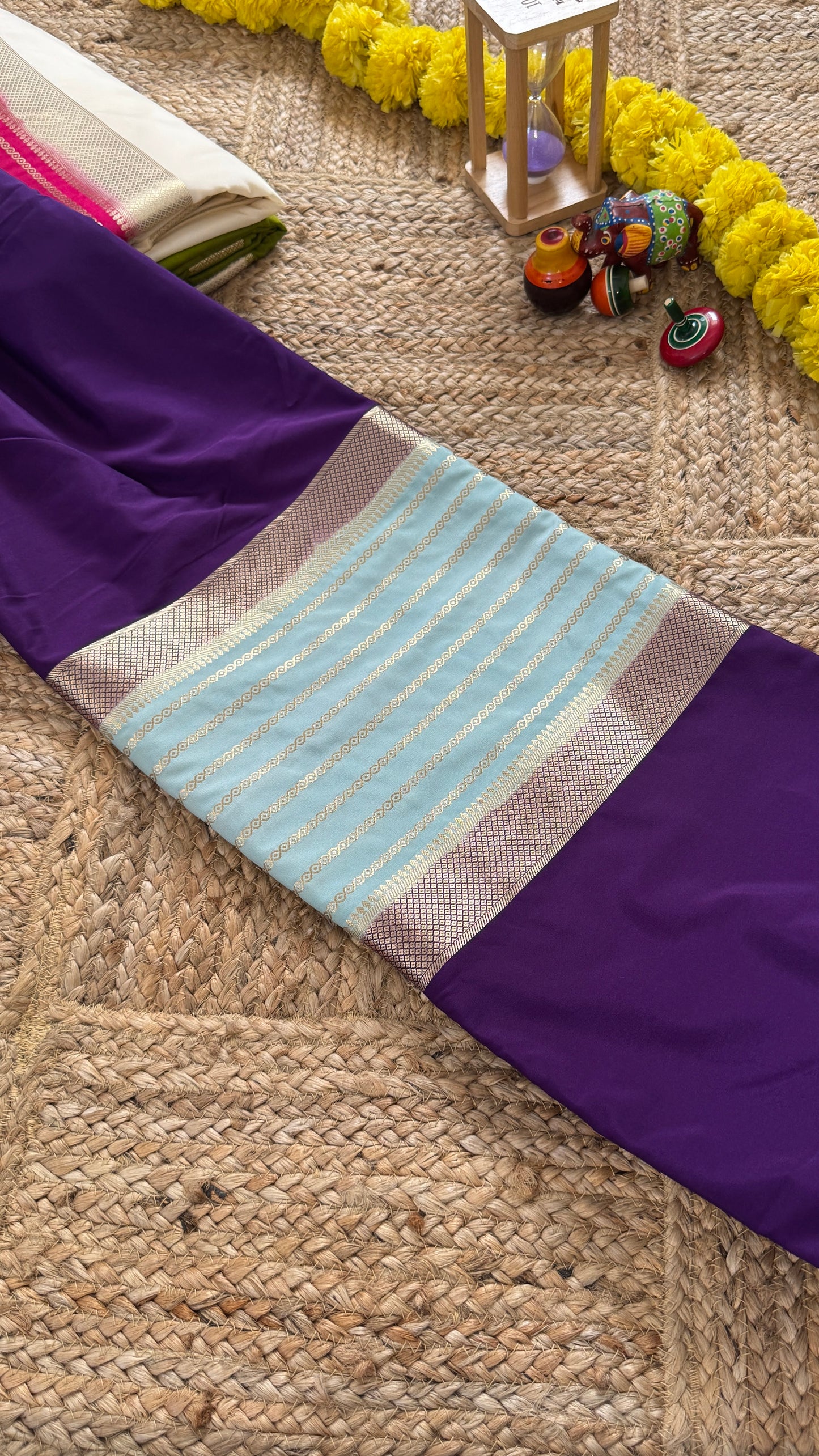 Purple and Sky Blue - Premium Semi Mysore Crepe Silk Centre Stripes Saree