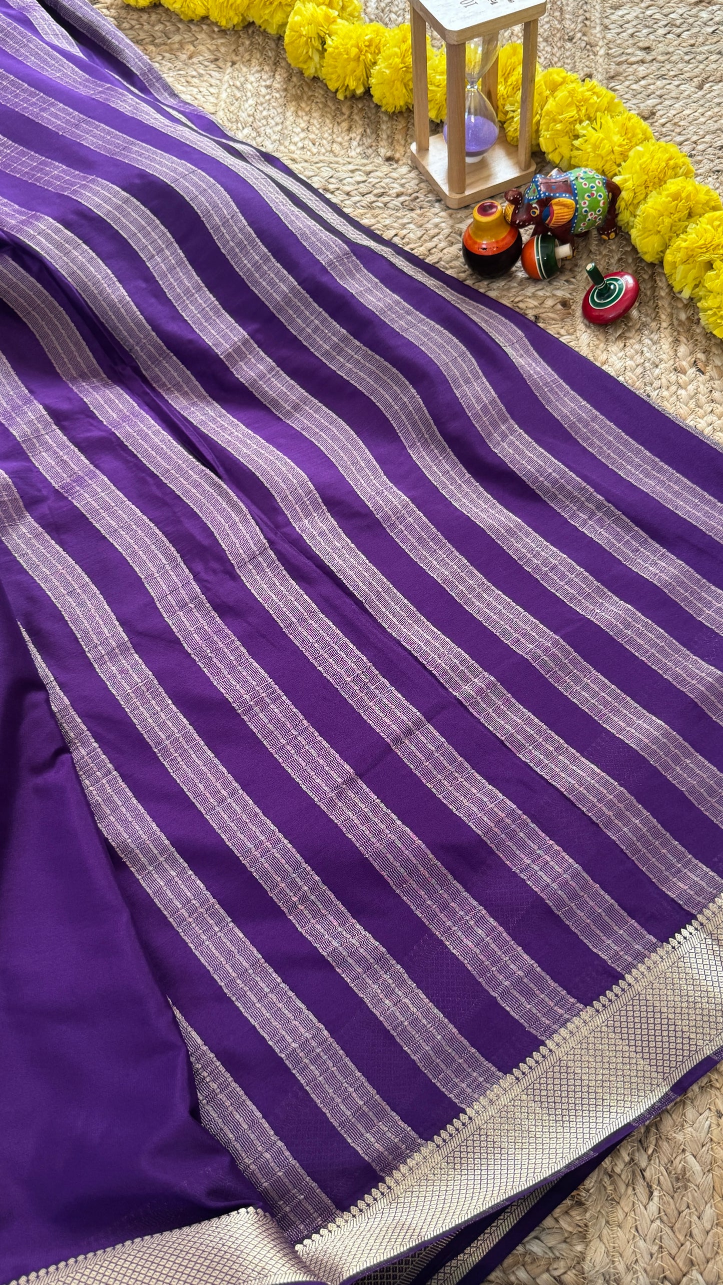 Purple and Sky Blue - Premium Semi Mysore Crepe Silk Centre Stripes Saree