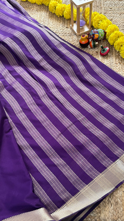 Purple and Sky Blue - Premium Semi Mysore Crepe Silk Centre Stripes Saree