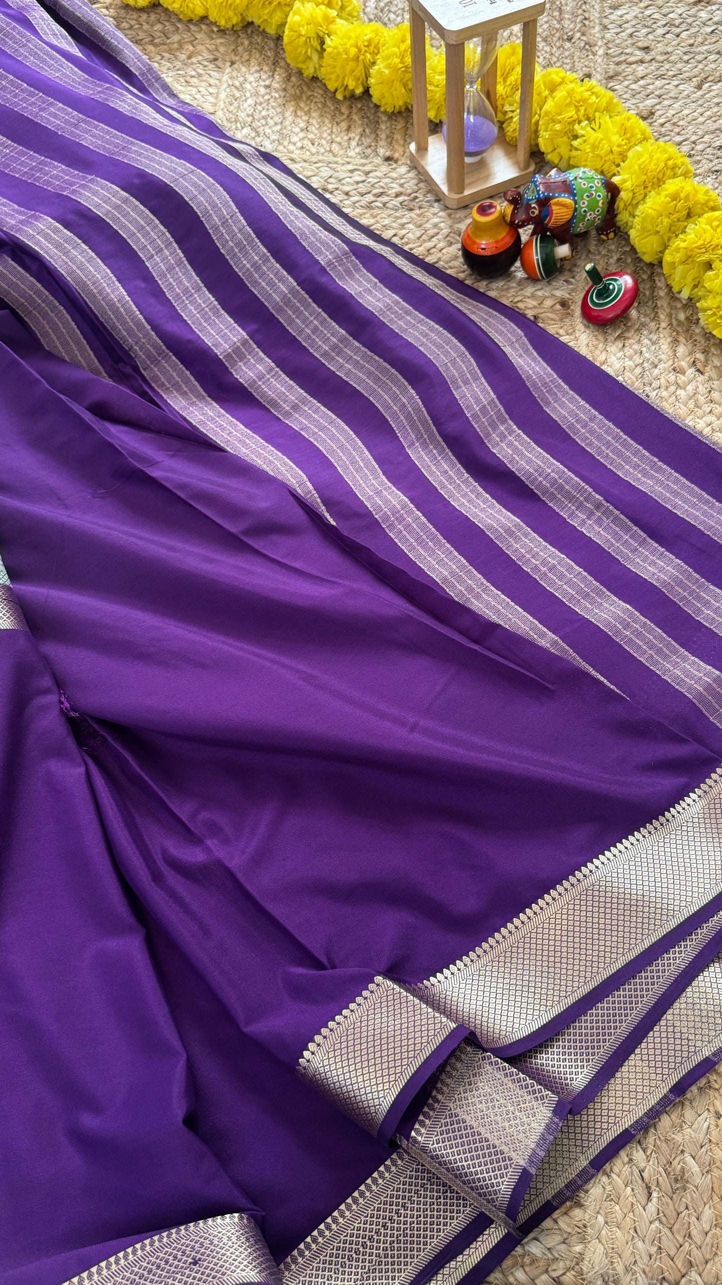 Purple and Sky Blue - Premium Semi Mysore Crepe Silk Centre Stripes Saree