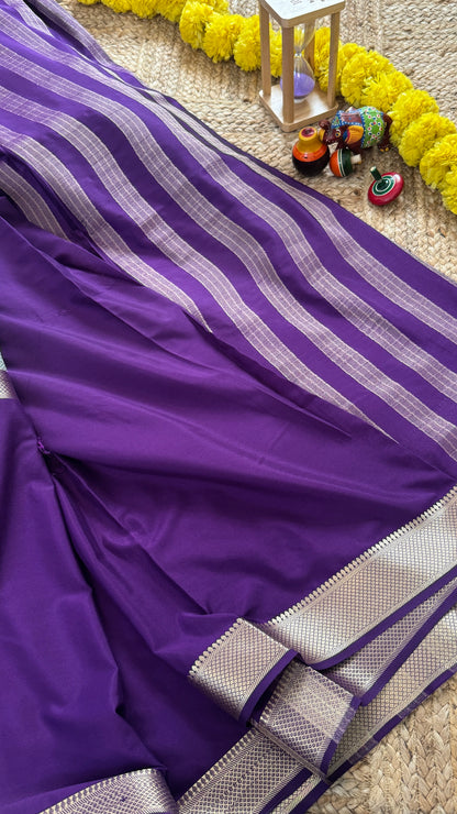 Purple and Sky Blue - Premium Semi Mysore Crepe Silk Centre Stripes Saree