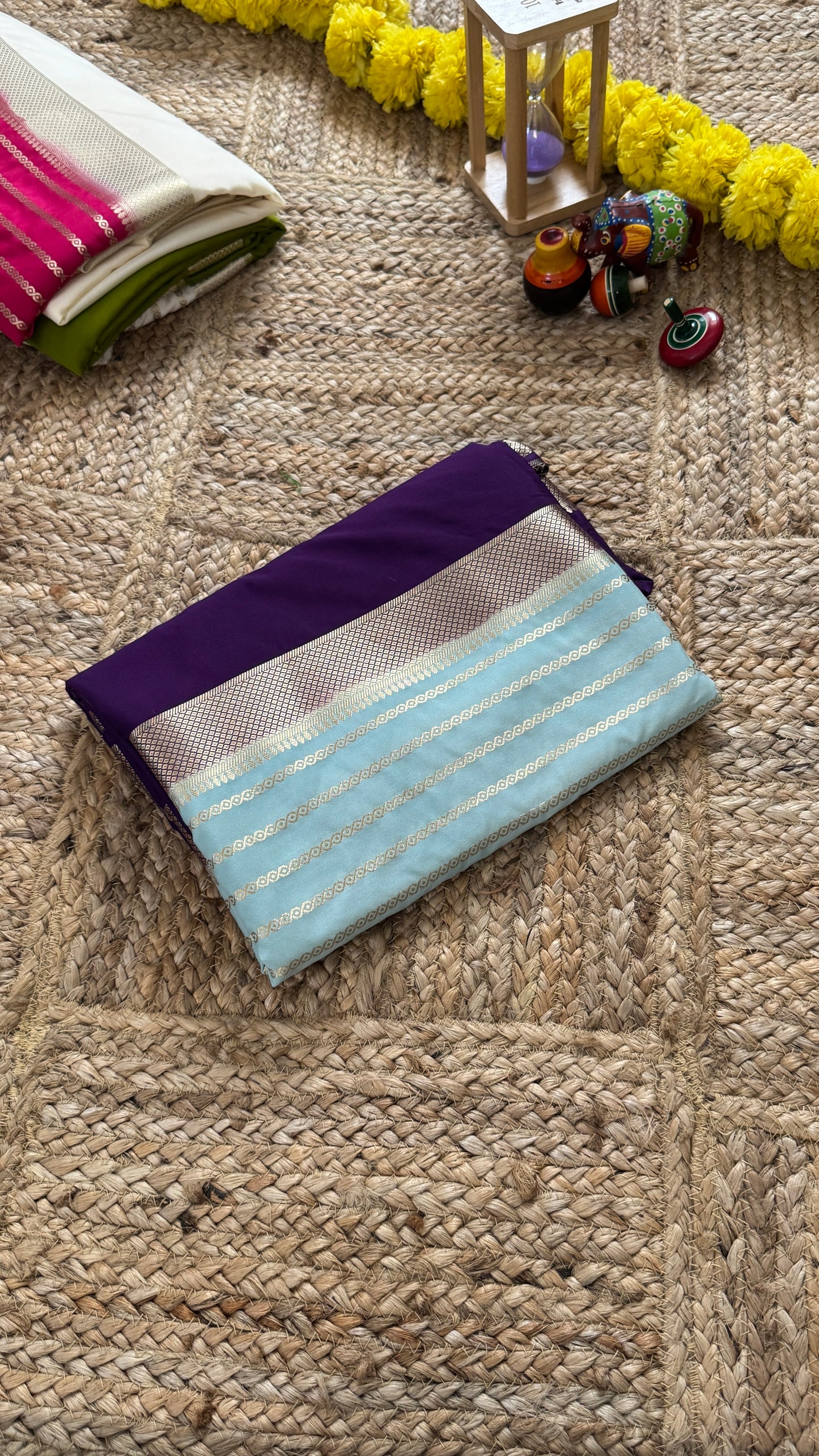 Purple and Sky Blue - Premium Semi Mysore Crepe Silk Centre Stripes Saree