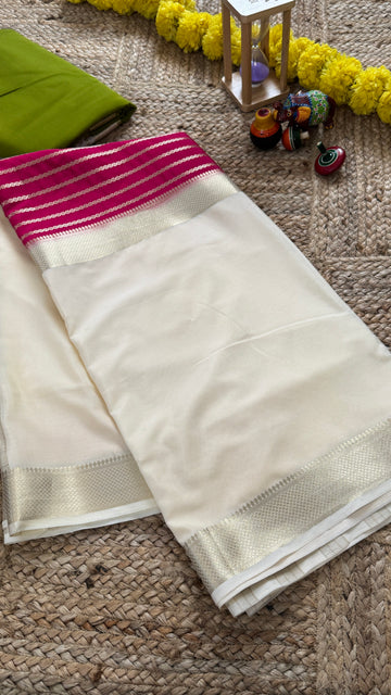 SIRI RADHA | Cream and Pink - Premium Semi Mysore Crepe Silk Centre Stripes Saree
