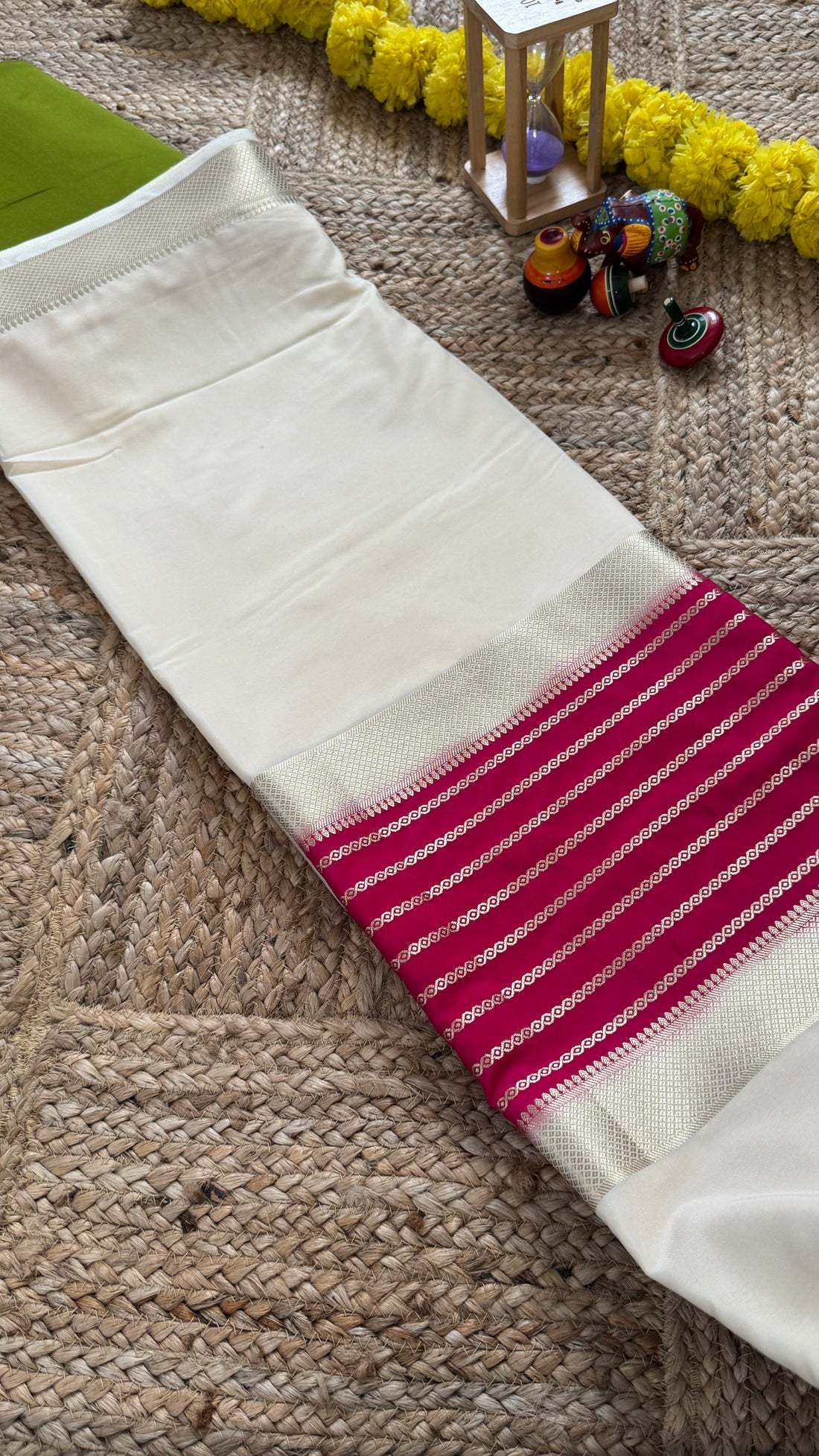 SIRI RADHA | Cream and Pink - Premium Semi Mysore Crepe Silk Centre Stripes Saree