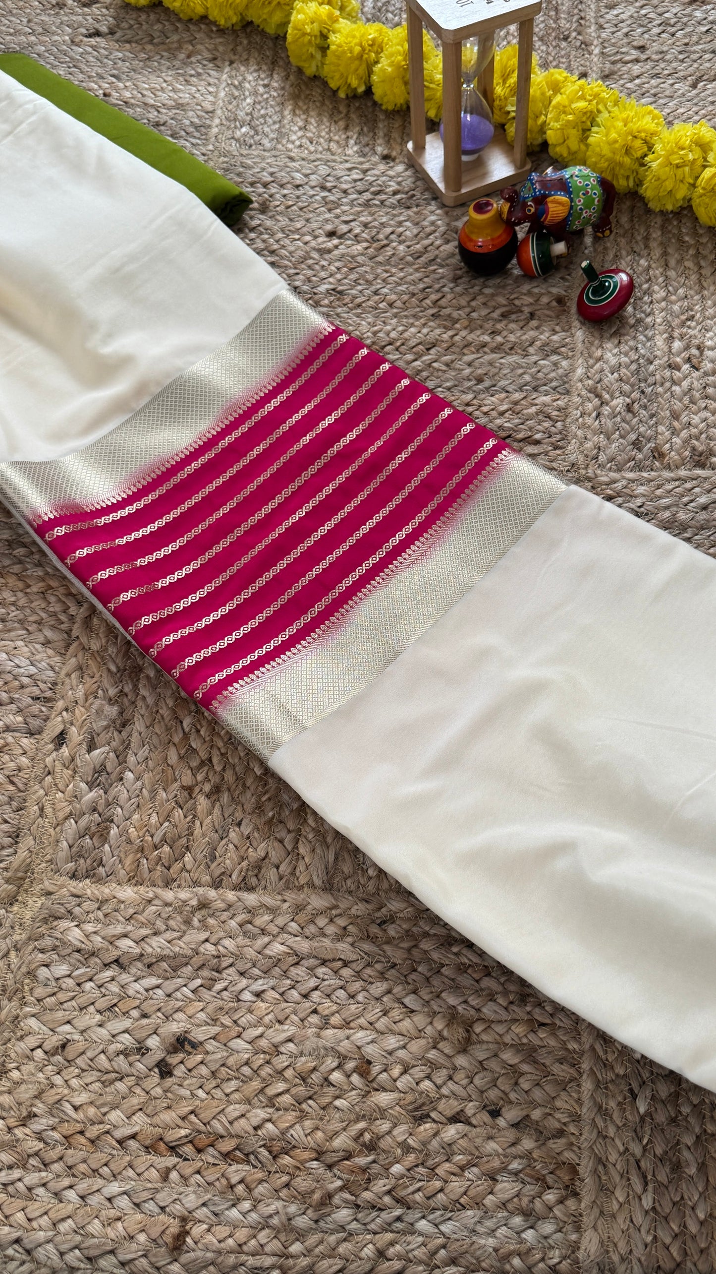 Cream and Pink - Premium Semi Mysore Crepe Silk Centre Stripes Saree