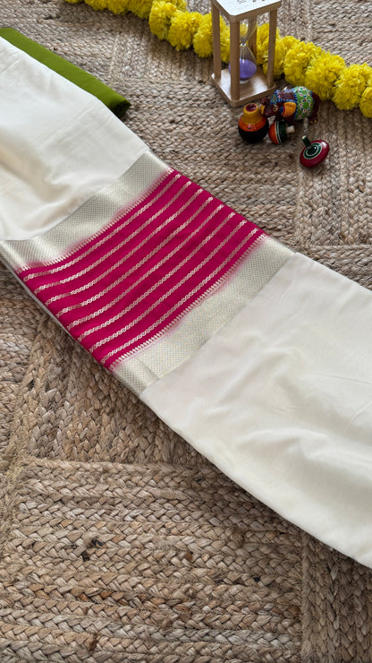 Cream and Pink - Premium Semi Mysore Crepe Silk Centre Stripes Saree
