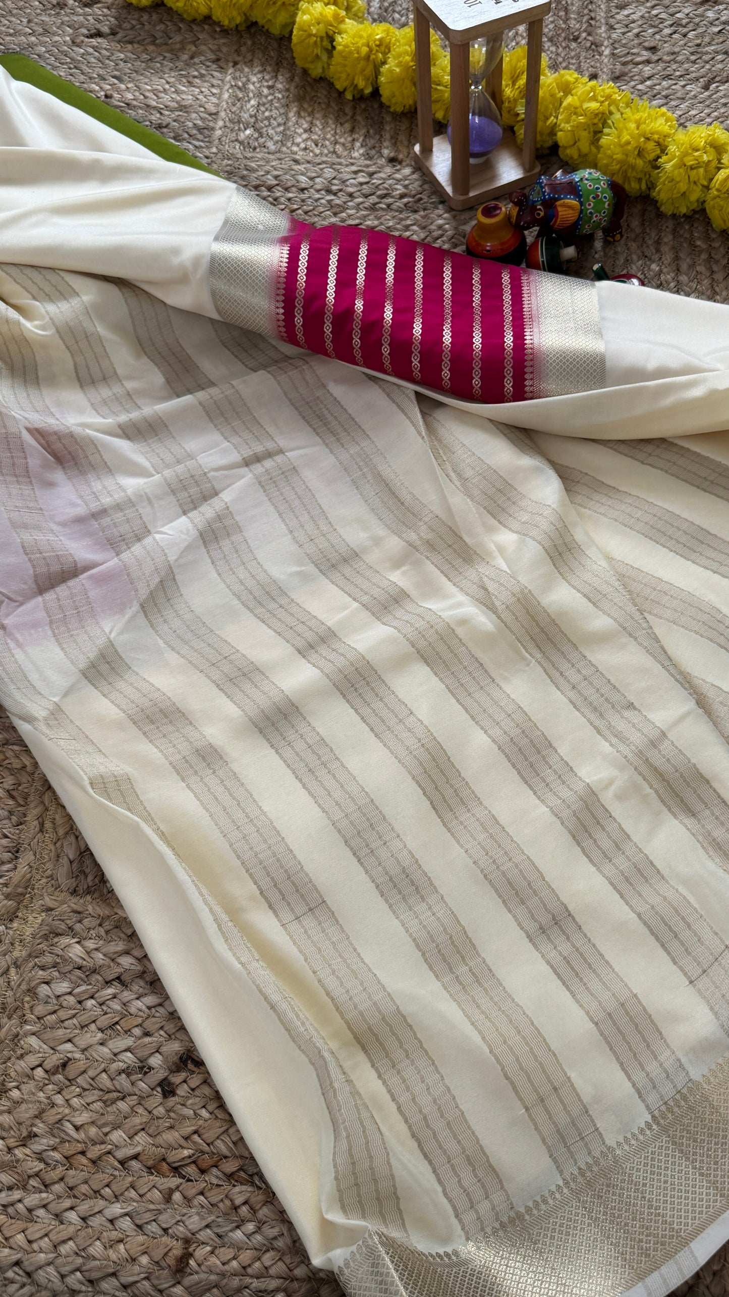 Cream and Pink - Premium Semi Mysore Crepe Silk Centre Stripes Saree