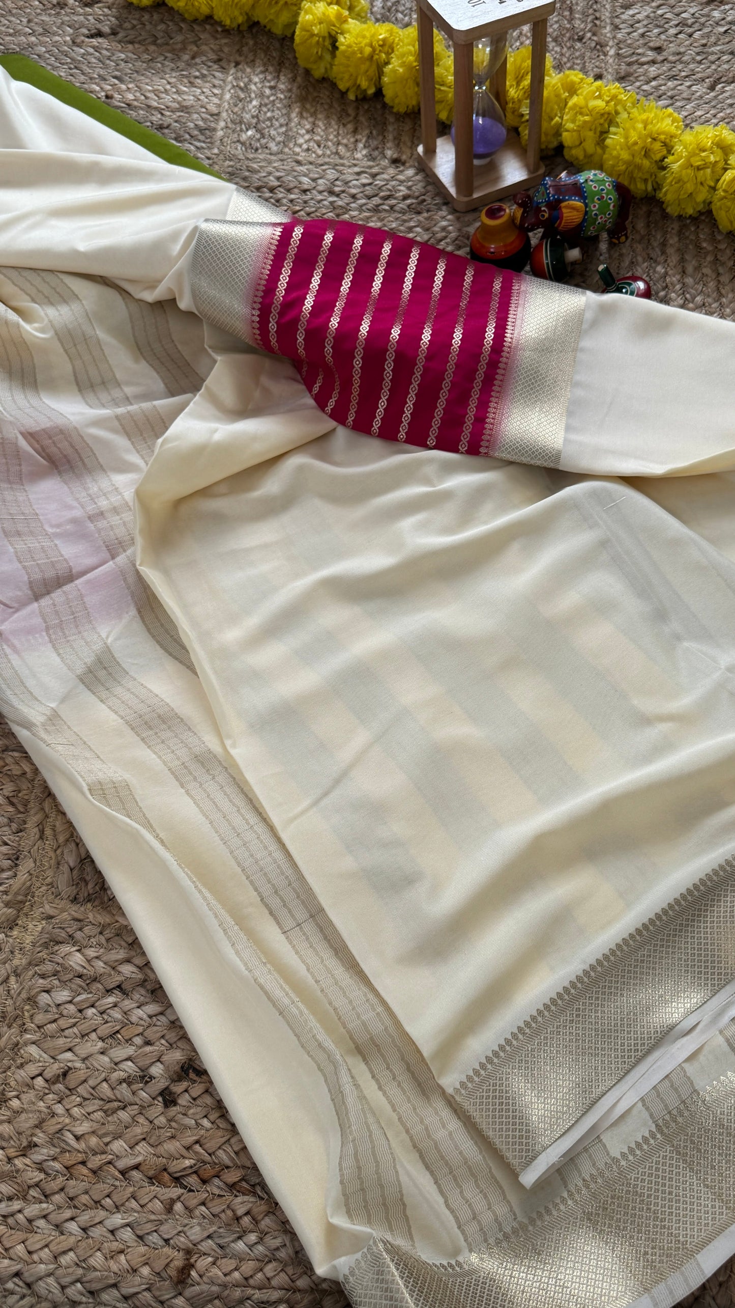 Cream and Pink - Premium Semi Mysore Crepe Silk Centre Stripes Saree