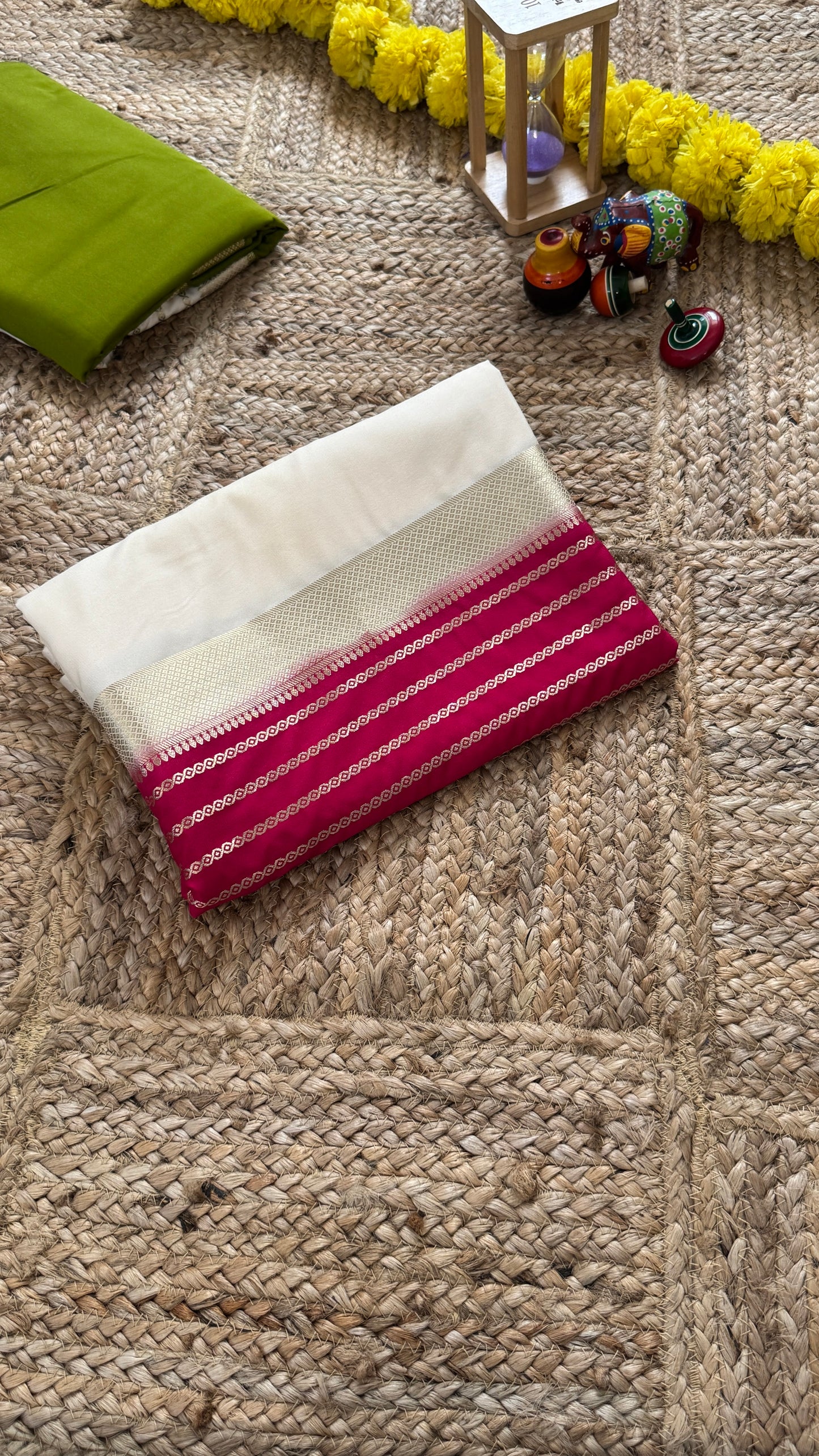 Cream and Pink - Premium Semi Mysore Crepe Silk Centre Stripes Saree
