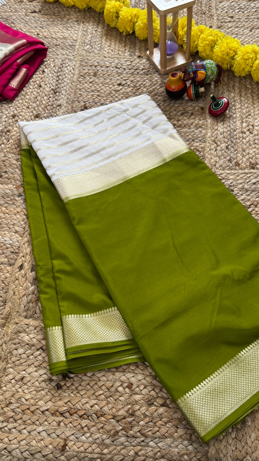 Olive and Cream - Premium Semi Mysore Crepe Silk Centre Stripes Saree