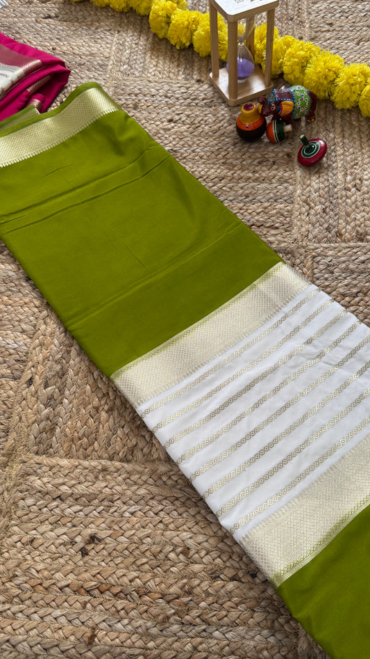 Olive and Cream - Premium Semi Mysore Crepe Silk Centre Stripes Saree