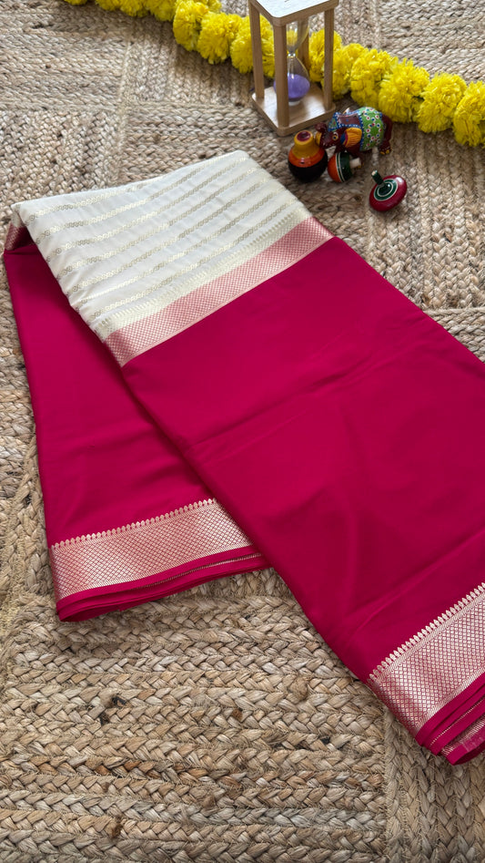 Pink and Cream - Premium Semi Mysore Crepe Silk Centre Stripes Saree