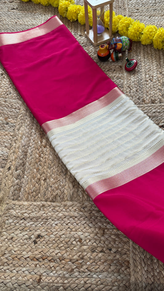 Pink and Cream - Premium Semi Mysore Crepe Silk Centre Stripes Saree