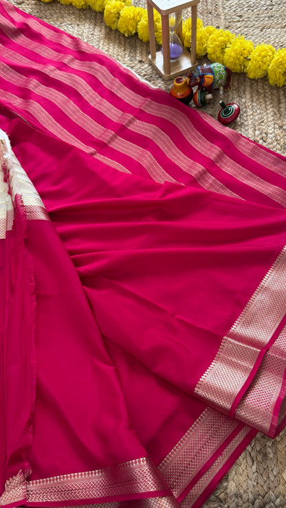 Pink and Cream - Premium Semi Mysore Crepe Silk Centre Stripes Saree