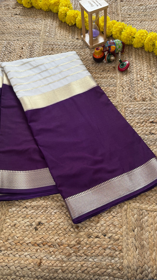Cream and Purple - Premium Semi Mysore Crepe Silk Centre Stripes Saree