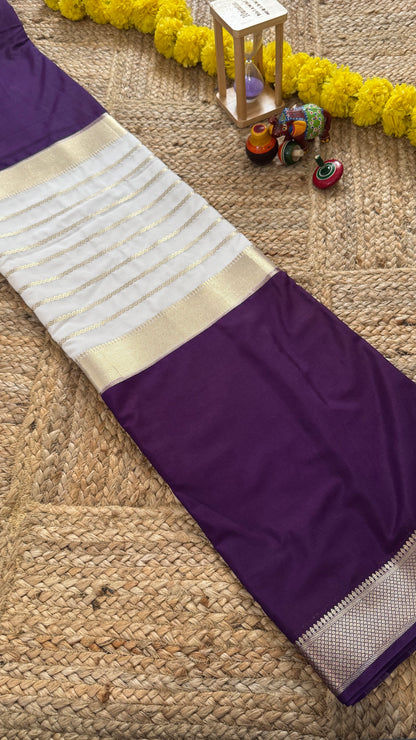 Cream and Purple - Premium Semi Mysore Crepe Silk Centre Stripes Saree