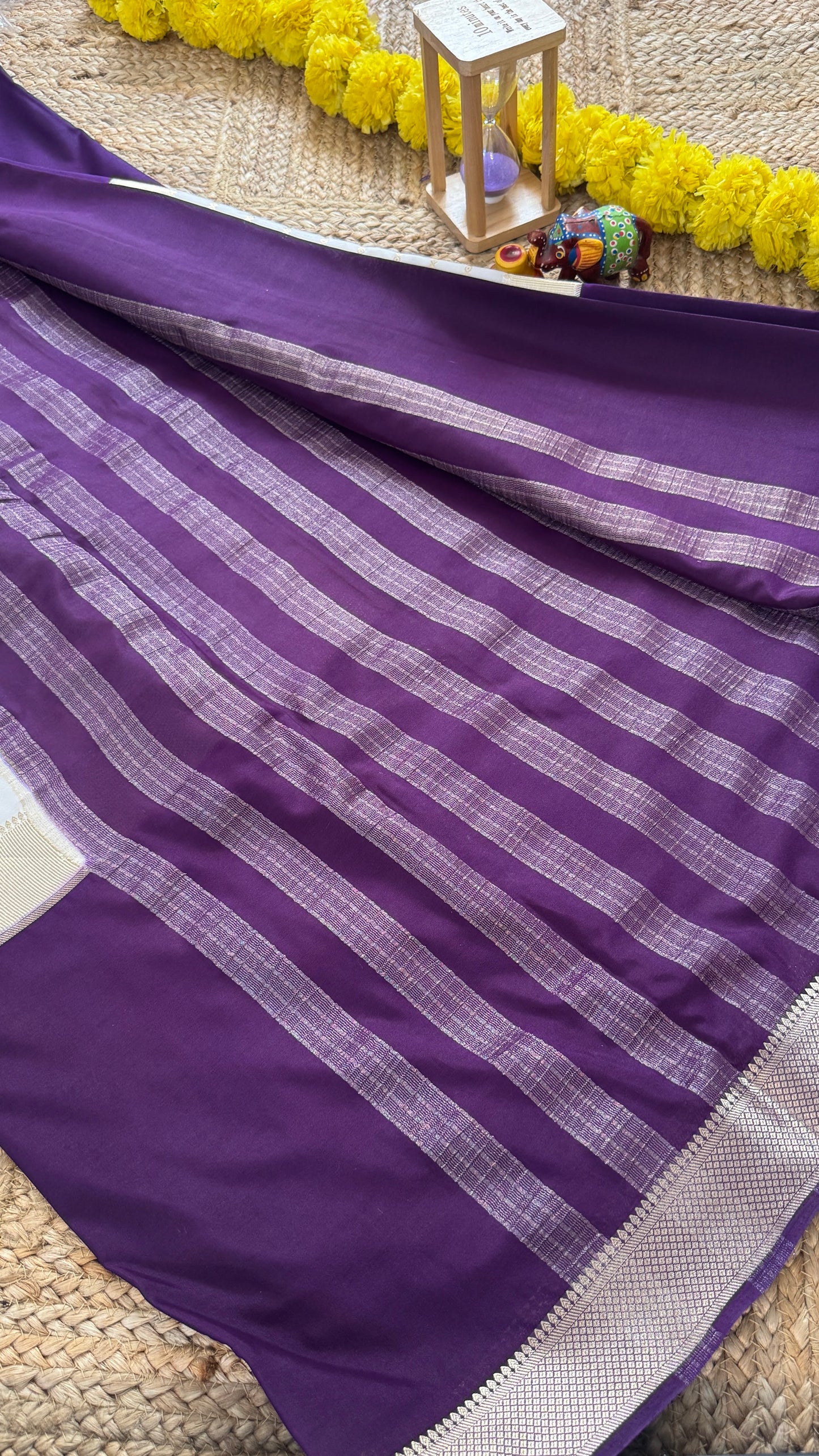 Cream and Purple - Premium Semi Mysore Crepe Silk Centre Stripes Saree