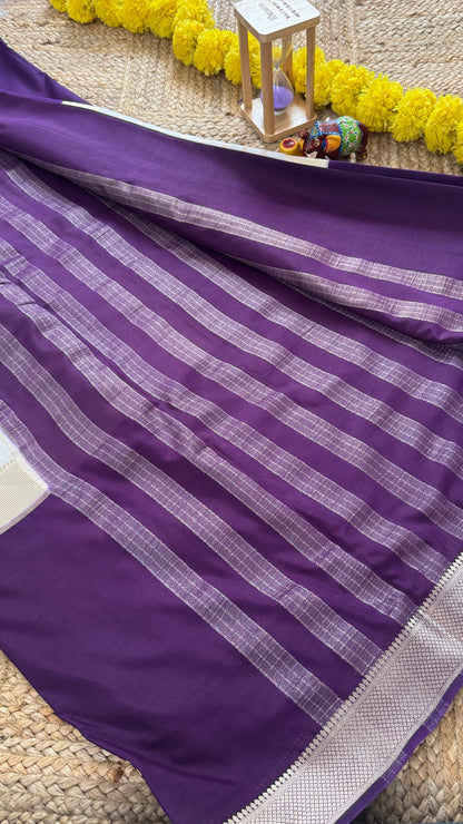 Cream and Purple - Premium Semi Mysore Crepe Silk Centre Stripes Saree