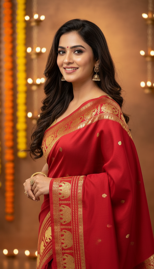 Pure Mysore Silk Saree - Elephant Boarder Red