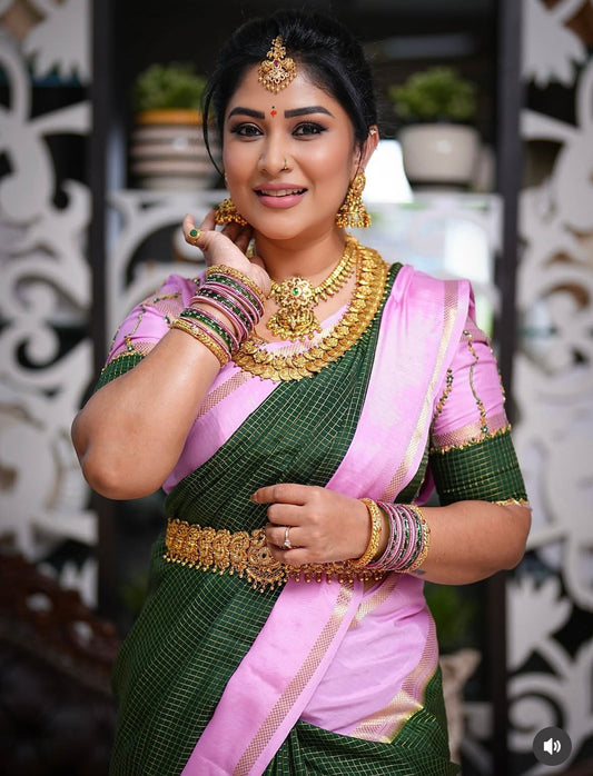 2.Pure Mysore Silk Sarees - Bespoke Drapes - Green and Baby Pink