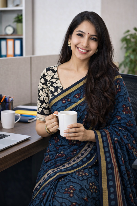 Office Wear Mul Cotton : Indigo and Beige