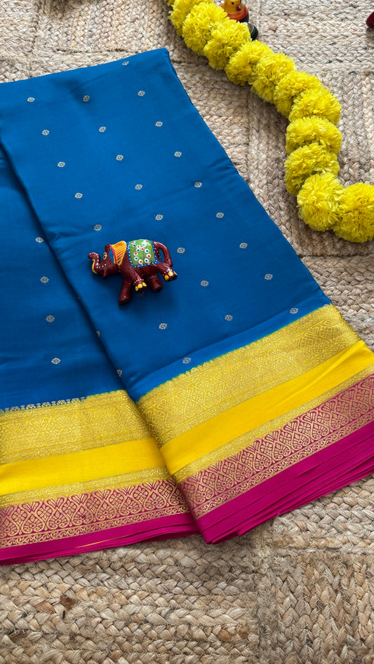 Pure Mysore Silk Sarees - Bespoke Drapes - Peacock Blue & Yellow & Pink