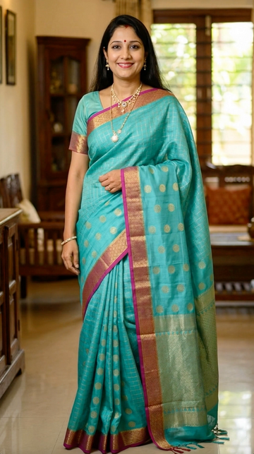 Prakriti Collections - Mysore Silk Centre Checks SeaBlue and Pink