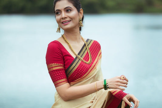 Pure Mysore Silk Sarees - Bespoke Drapes - Beige & Maroon & Black