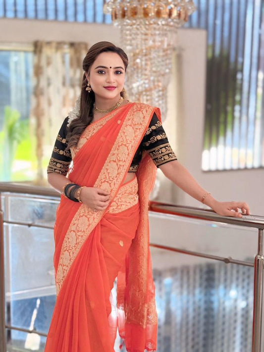 Premium Pure Chiffon Saree - Orange and Silver Zari