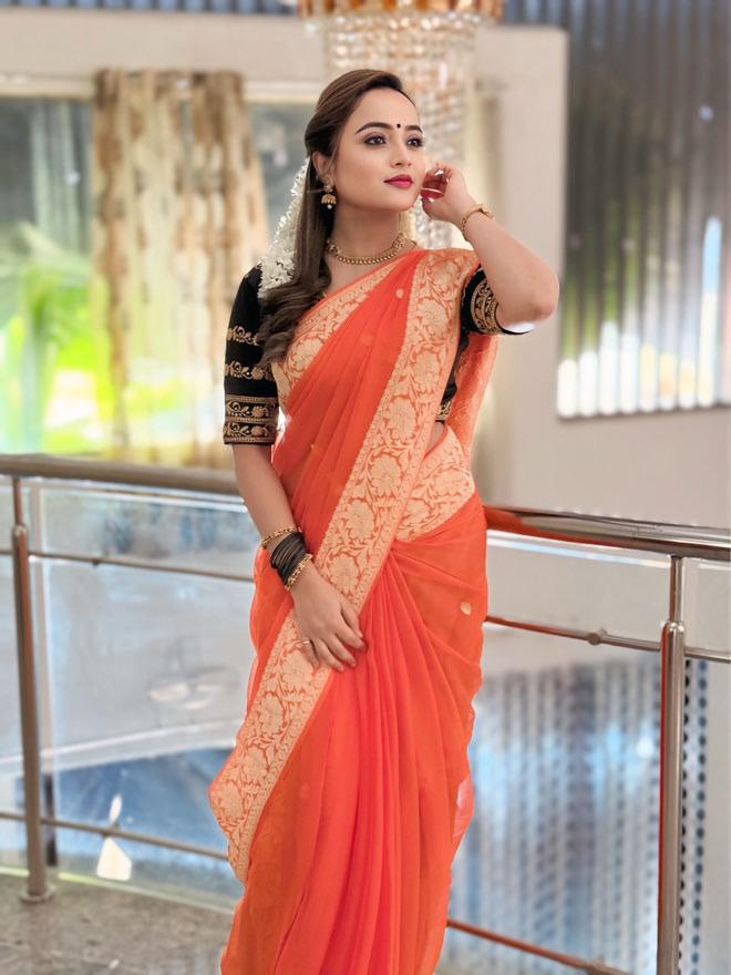 Premium Pure Chiffon Saree - Orange and Silver Zari