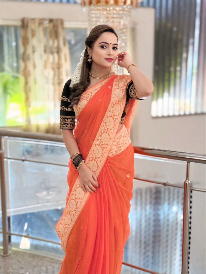 Premium Pure Chiffon Saree - Orange and Silver Zari