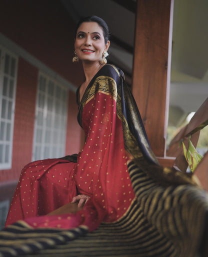 Pure Mysore Silk Saree - Body Button Bentex - Red and Black
