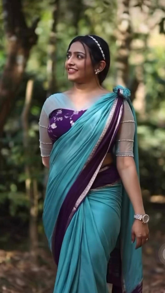 Wrinkle Crepe Silk Saree - Teal + Purple