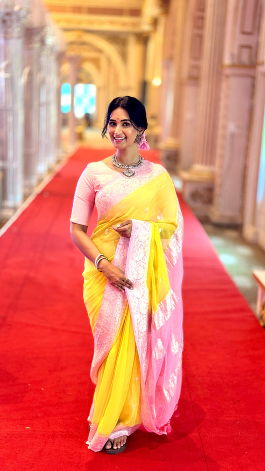 Premium Pure Chiffon Saree - Yellow and Baby Pink