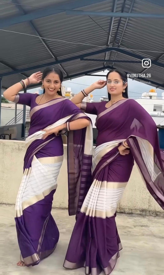 Cream and Purple - Premium Semi Mysore Crepe Silk Centre Stripes Saree