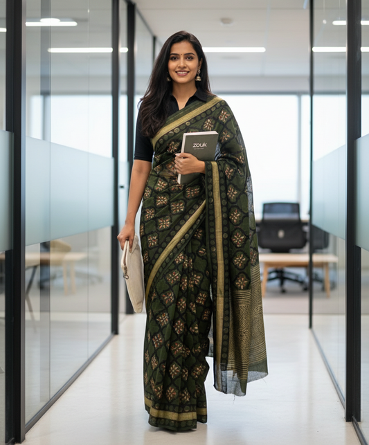 Office Wear Mul Cotton : Dark Green and Beige