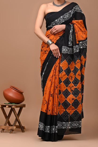 Mul Mul Cotton Sarees - Orange & Black
