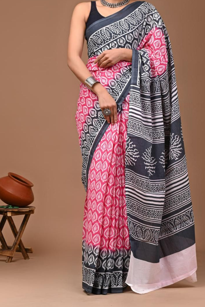 Mul Mul Cotton Sarees -  Black and Light Pink