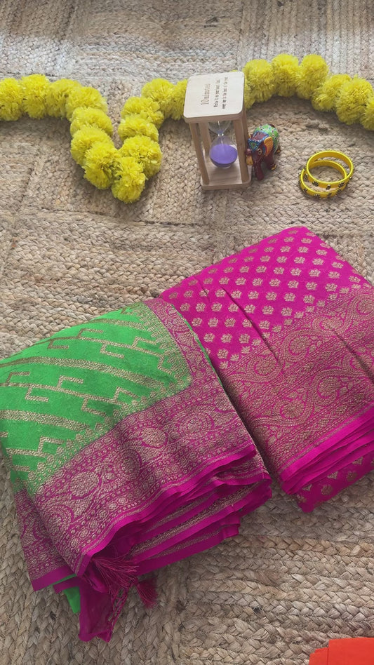 Khaddi Georgette - Green and Pink