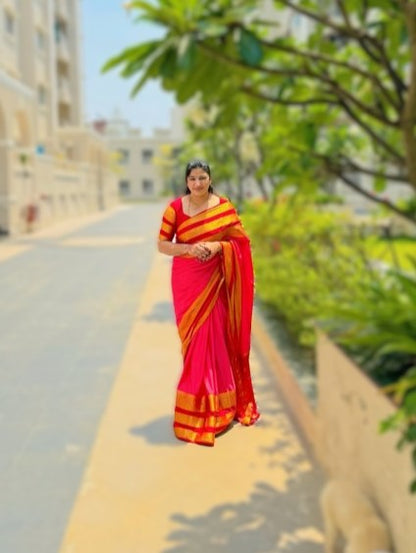 Semi Silk Saree - Peach and Red
