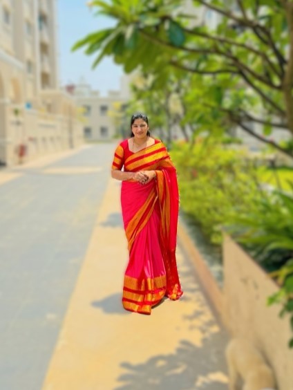 Semi Silk Saree - Peach and Red